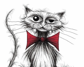 Posh cat Print download Fashionable pet puss wearing super smart trendy bow tie who thinks he's an extra special kitty Funky animal picture