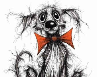 Bow tie Barry Print A4 size picture Ultra scruffy shabby pet dog pooch hound mutt in orange bow tie Amusing Animal drawing printed on paper