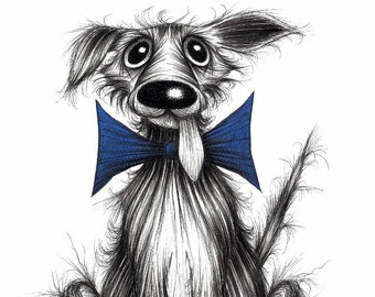 Rupert the dog Print A4 size picture Very dapper posh doggie pooch pup mutt in trendy blue bow tie sticking out tongue Pet lover interest