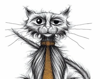 Posh puss Print A4 size picture Important looking pet kitty pussycat puss wearing smart fashionable neck tie Animal drawing printed on paper