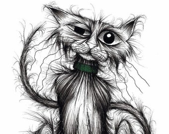 Tom cat Print download Very shabby scruffy pet kitty with long tail and miserable face Grumpy puss with tatty fur and crooked whiskers