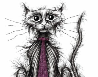 Posh cat Print download Smart pet kitty puss with sticky out tongue wearing trendy neck tie looking quite important Amusing animal picture