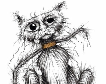 Stinker the cat Print download Shabby scruffy tatty moggie with thin tail and grumpy face who smells a lot Amusing funny pet kitty picture