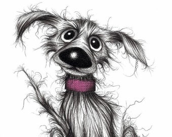 Mr Mucky paws Print A4 size picture Ultra cute adorable happy pet pooch dog doggy mutt with lovely face Ink drawing sketch printed on paper