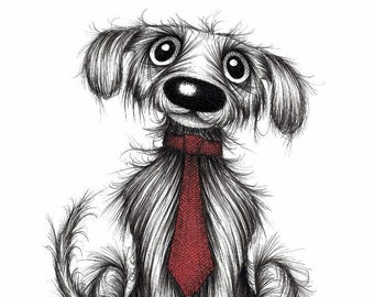 Posh pooch Print download Trendy smart pet dog wearing a groovy red neck tie Friendly happy mutt with cute face Funny cartoon animal picture