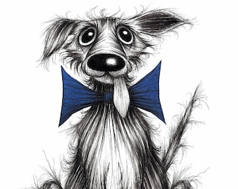 Rupert the dog Print download Very posh smart looking pet pooch hound with big blue bow tie Dapper looking doggie sticking out his tongue