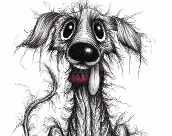 Hello Smelly dog Print A4 size picture Extra mucky stinky and scruffy mutt doggie pooch hound with drooling tongue Sketch printed on paper
