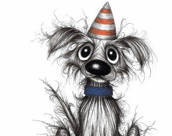 Boris the dog Print download Happy little pet puppy pup pooch wearing comedy striped hat and blue collar Cute animal portrait picture image