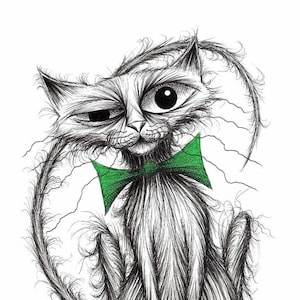 Hello Posh paws Print A4 size picture Groovy pet cat pussy kitty kitten moggie with extra long thin tail and green bow tie Printed on paper