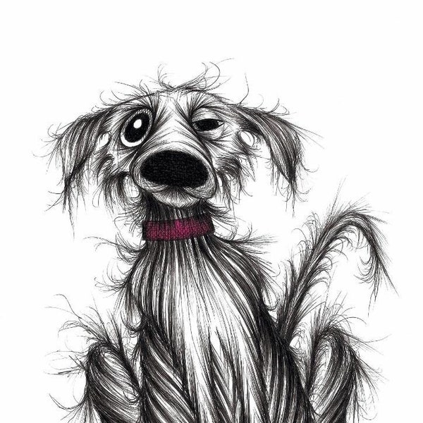 Grumpy dog Print download Mucky scruffy mutt pooch doggie in a really bad mood with miserable face and slightly bent tail Fun animal picture