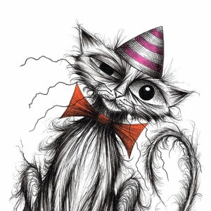 Charlie cat Print download Cute kitty puss pussycat wearing funny stripey hat and bow tie with curly tail and cheeky face Fun pet picture
