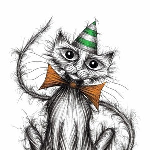 Colin the cat Print download Lovely cute pet puss kitty with long thin tail wearing a funny striped hat and trendy bow tie Printable artwork