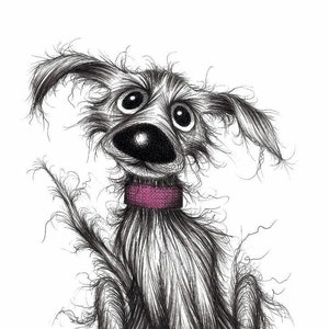 Mr Mucky paws Print A4 size picture Ultra cute adorable happy pet pooch dog doggy mutt with lovely face Ink drawing sketch printed on paper
