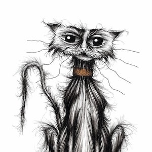 Homeless cat Print download Shabby mucky tatty pet kitty moggie with thin bent tail Grubby puss trying hard to look as appealing as possible