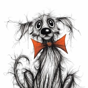 Bow tie Barry Print A4 size picture Ultra scruffy shabby pet dog pooch hound mutt in orange bow tie Amusing Animal drawing printed on paper