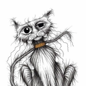 Stinker the cat Print A4 size picture Smelly shabby pet puss kitty moggie with long tail and collar Drawing sketch image printed on paper
