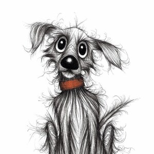 Feed me Print A4 size picture Extremely hungry little pet dog doggie pooch pup in red collar with sad lonely face and empty food bowl