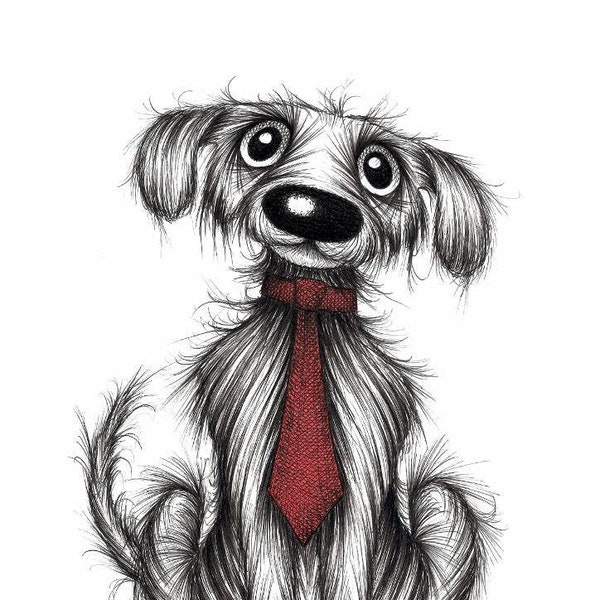 Posh pooch Print download Trendy smart pet dog wearing a groovy red neck tie Friendly happy mutt with cute face Funny cartoon animal picture
