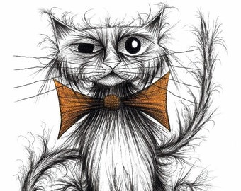 Zippy the cat Print A4 size picture Posh looking pet kitty puss moggie in very big trendy orange bow tie Unframed art image printed on paper