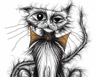 Ugly cat Print A4 size picture Nasty smelly tatty puss wearing shabby bow tie Amusing animal artwork Wall decor Pet lover Printed onto paper