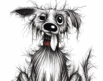 Horrid dog Print A4 size picture Grubby smelly stinky drooling pet pooch hound sticking tongue out Funny animal art drawing printed on paper