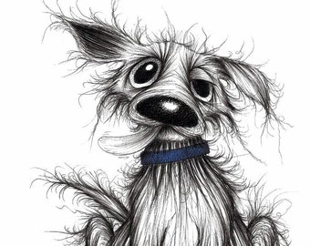 Stinker the dog Print A4 size picture Horrible stinky pet pooch with scruffy tail blue collar and sticky out tongue Sketch printed on paper