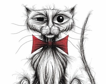 Fish face the cat Print A4 size picture Posh looking pet kitty puss pussycat in smart bow tie Ink drawing sketch line art printed on paper