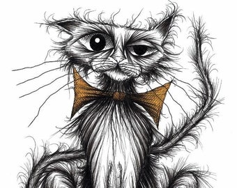 Ugly cat Print download Horrible shabby scruffy badly behaved unpleasant mean looking pet puss in tatty bow tie Funny animal picture