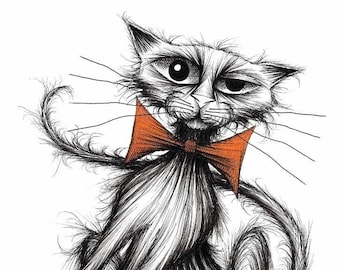 Scratchy cat Print download Naughty pet kitty moggie pussycat with cheeky face wearing comedy orange bow tie who likes scratching things