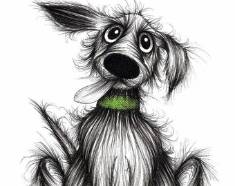 Fuzzy Fred Print download Happy friendly dog pooch mutt hound with sticky out tongue a green collar and cheerful face Amusing sketch picture
