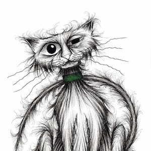 Fluffy Frank Print A4 size picture Cute friendly looking pet kitty cat puss pussy with super long curved tail Pen drawing printed on paper