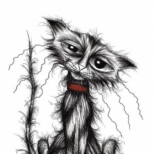 Lucky the cat Print download Sad looking skinny little pet kitten puss moggie with scruffy fur and thin tail Sketched animal art picture