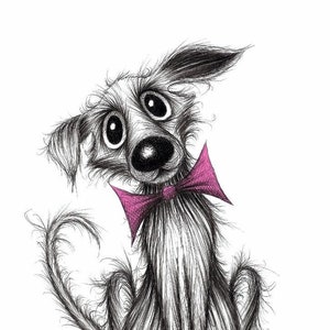 Daisy dog Print A4 size picture Super cute adorable pet doggie pooch pup in groovy trendy bow tie Ink sketch drawing art printed on paper