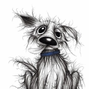 Stinker the dog Print A4 size picture Horrible stinky pet pooch with scruffy tail blue collar and sticky out tongue Sketch printed on paper