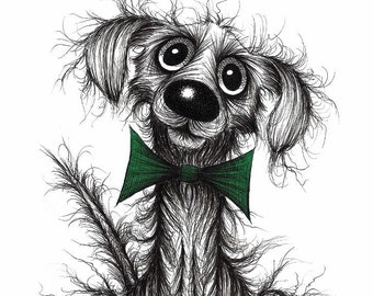 Fuzzy dog Print download Extremely cute but slightly scruffy stinky shabby pooch mutt hound doggy with friendly face wearing green bow tie