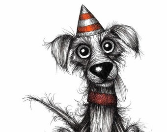 Food now Print A4 size picture Hungry greedy dog pooch doggie in funny striped hat with sticky out tongue Animal drawing printed on paper