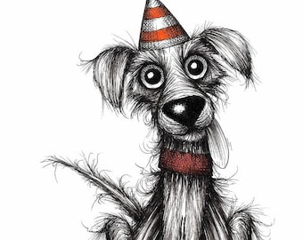 Food now Print download Extremely hungry fashionable trendy pet dog pooch pup in funny striped hat and smart collar sticking his tongue out