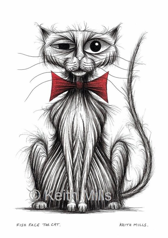 Fish Face the Cat Print A4 Size Picture Posh Looking Pet Kitty Puss  Pussycat in Smart Bow Tie Ink Drawing Sketch Line Art Printed on Paper 