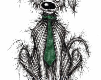 Grumpy dog Print download Miserable unhappy pet pooch in bad mood with green neck tie Sad looking doggy who's still cute Fun animal picture