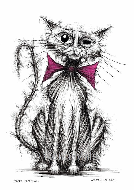 Cute kitten Print download Shabby tatty kitty cat in scruffy bow tie Grubby puss trying hard to look as appealing as possible Printable art