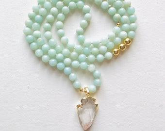 Amazonite and Crystal Quartz Arrowhead Mala, Meditation, 108, Mala,Gold,Yoga Jewelry, Mala Necklace,Reiki, Gemstone Necklace, Spiritual Gift