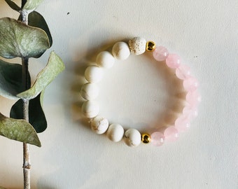 Essential Oil Diffuser Bracelet, Rose Quartz, Howlite , Mala Bracelet, Yoga Bracelet,Gemstone Bracelet, Meditation Bracelet, Spiritual Gift