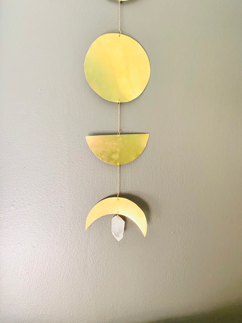 Brass and Crystal Quartz Moonphases Wallhanging , Crystal Quartz , Boho, Bohemian, Macrame, Wall Hanging, Brass, Lightcatcher image 3