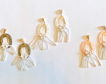 Macrame Earrings, Lucite, Acrylic, Pink, White, Hoop, Gold, Abstract, Fringe, Boho, Fringe Earrings