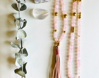 Rosenquarz Mala, Gold, Mala, Halskette, 108, Quaste, rosa, Wildleder, Yoga, Meditation