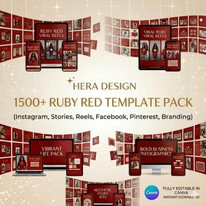 Pode incluir: Um pacote de produtos de marketing digital com um tema vermelho rubi. A imagem exibe vários dispositivos como telefones, tablets e computadores mostrando modelos para Instagram, Facebook e Pinterest. O texto inclui "1500+ Ruby Red Template Pack" e "Hera Design."