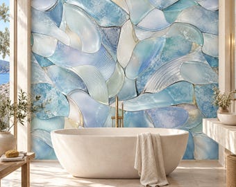 Coastal Sea Glass Wallpaper | Aqua Blue Abstract Pattern (Peel & Stick, Vinyl)
