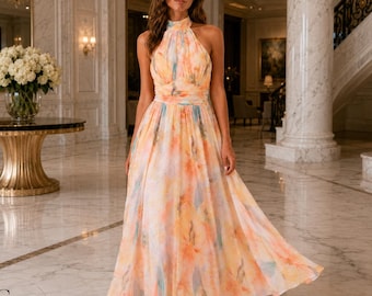 Pfirsich Floral Maxikleid, Neckholderkleid, rückenfreies Maxikleid