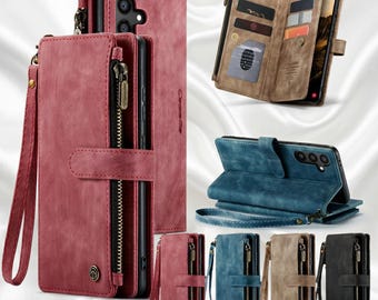 May include: A collection of wallet phone cases featuring a zippered pocket, a wrist strap, and multiple interior card slots. The cases are shown in red, blue, tan, and black, with a textured finish and a magnetic closure flap on the exterior.