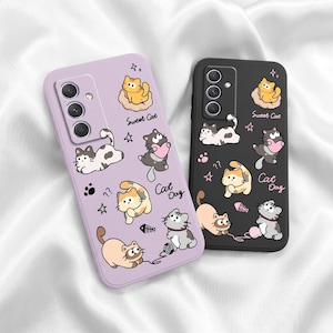 May include: Two rectangular phone cases, one light purple and one black, featuring cartoon cat illustrations, paw prints, stars, yarn balls, and fish bones. The text "Sweet Cat" and "Cat Day" is printed on both cases alongside various cat characters.